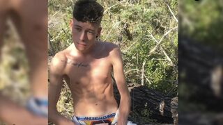 Thin twink Craig Kennedy strips down and shows his monstrous schlong in a public forest