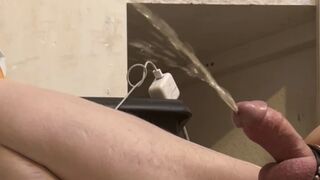 Large Hard Meat Power Pissing While Squatting Then Giant Handsfree Cums on