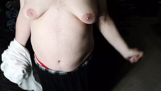 Chubby dude jerks off wearing lace thong