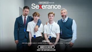 Gay Porn Parody~Severance~ Sexerance Part four ~Bubble Booty Twink Takes First Penis for Daddy (Free SFW)