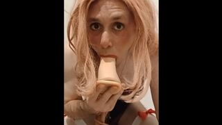 Sissy Alicia deepthroats long dildo
