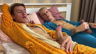 the dudes were playing and the game turned into fucking, 2 males banged a charming twink and came